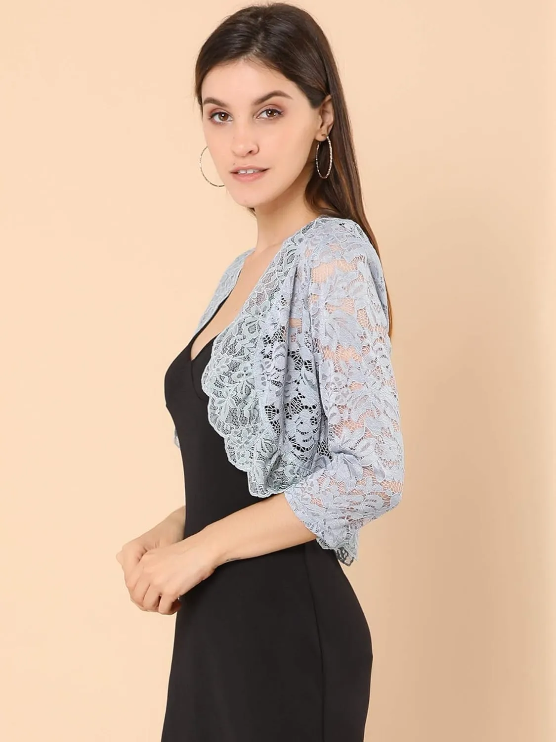 Allegra K Women's Elegant 3/4 Sleeve Sheer Floral Lace Shrug Top