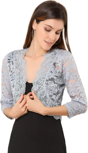 Allegra K Women's Elegant 3/4 Sleeve Sheer Floral Lace Shrug Top