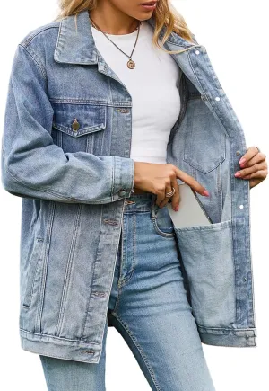 ALSOGO Oversized Jean Denim Jacket for Women Mid Long Jean Coat with Pockets Casual