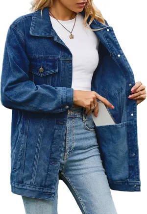 ALSOGO Oversized Jean Denim Jacket for Women Mid Long Jean Coat with Pockets Casual