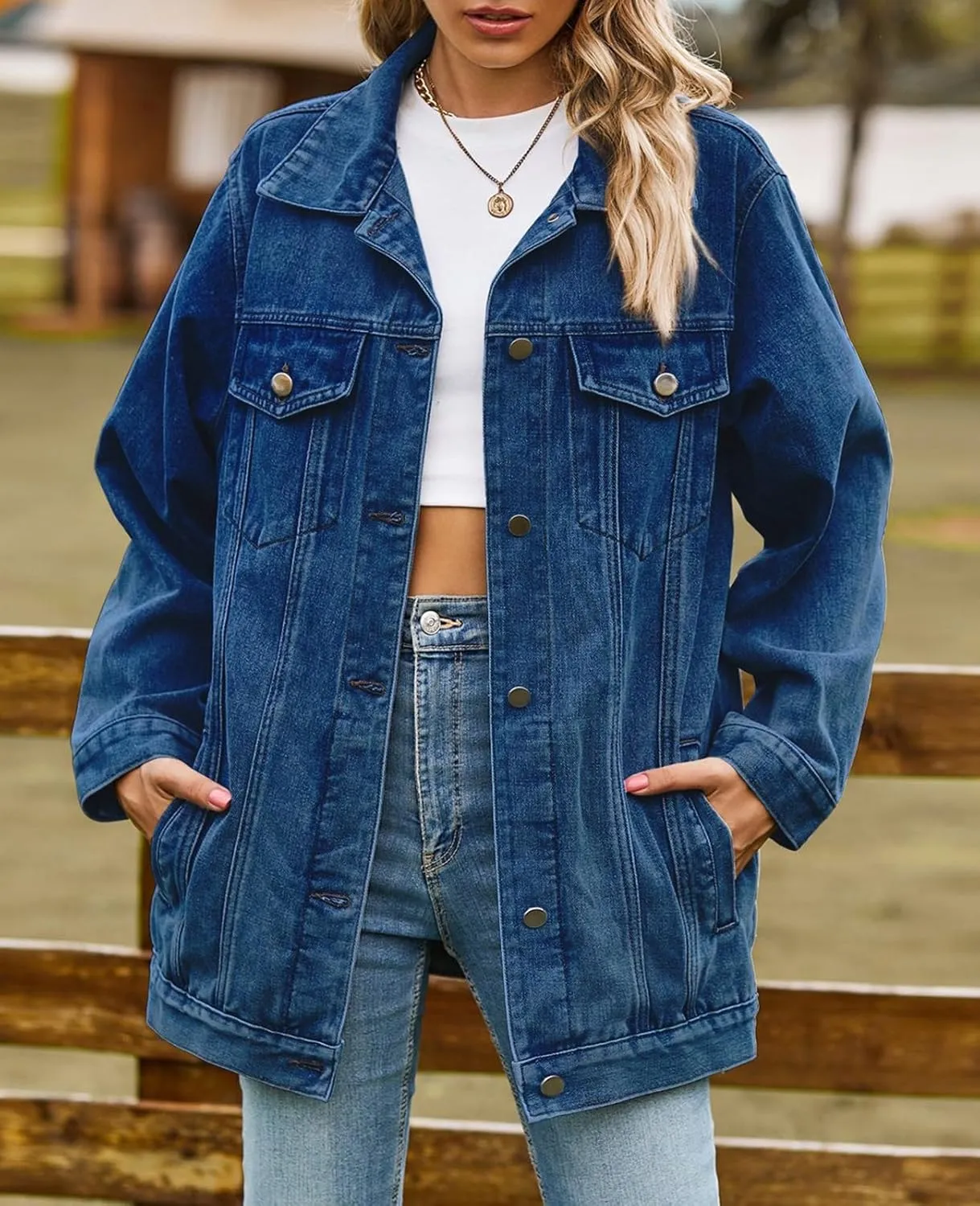 ALSOGO Oversized Jean Denim Jacket for Women Mid Long Jean Coat with Pockets Casual