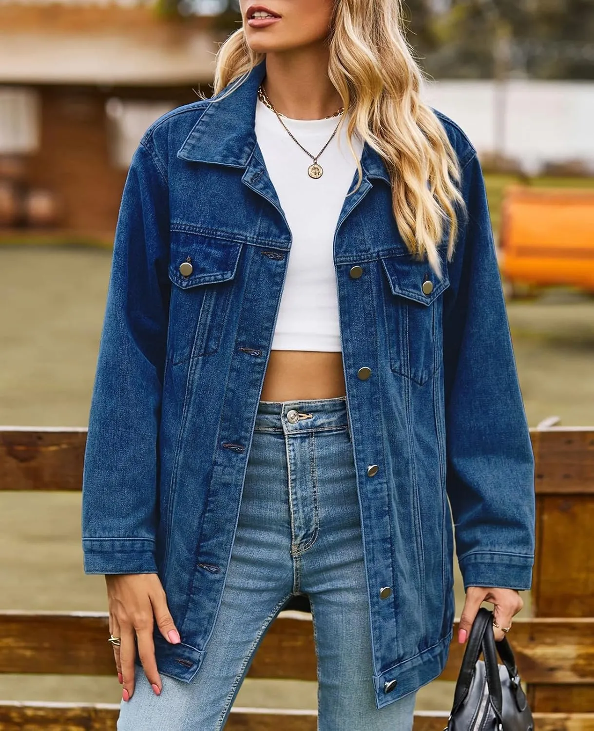 ALSOGO Oversized Jean Denim Jacket for Women Mid Long Jean Coat with Pockets Casual