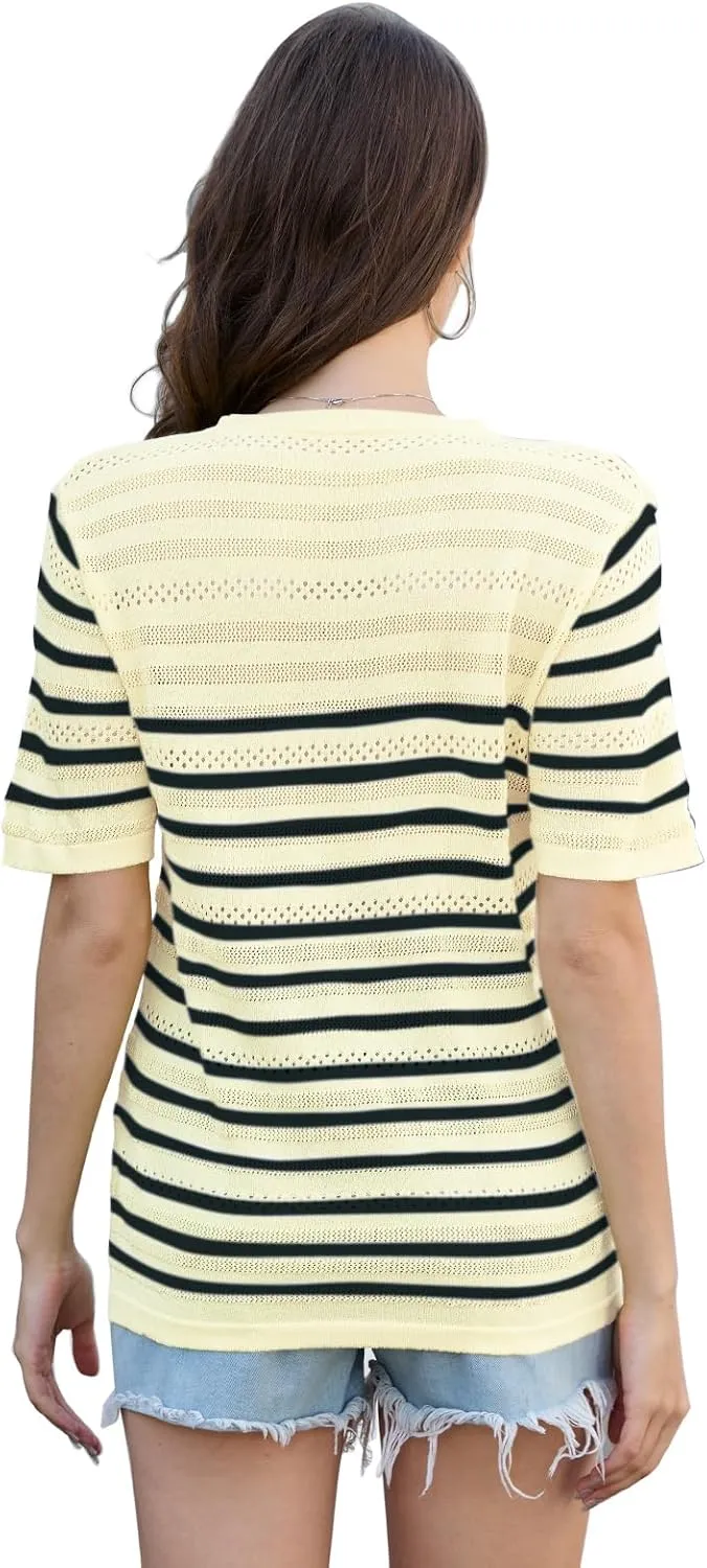 ANCAPELION Women's Short Sleeve Sweater Top Striped Knit Crew Neck Pullover for Summer Trendy Shirts
