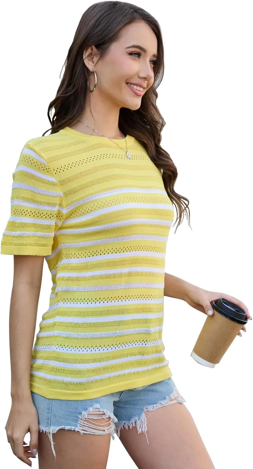 ANCAPELION Women's Short Sleeve Sweater Top Striped Knit Crew Neck Pullover for Summer Trendy Shirts