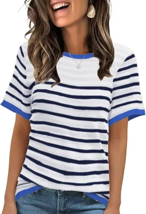 ANCAPELION Women's Short Sleeve Sweater Top Striped Knit Crew Neck Pullover for Summer Trendy Shirts