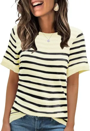 ANCAPELION Women's Short Sleeve Sweater Top Striped Knit Crew Neck Pullover for Summer Trendy Shirts