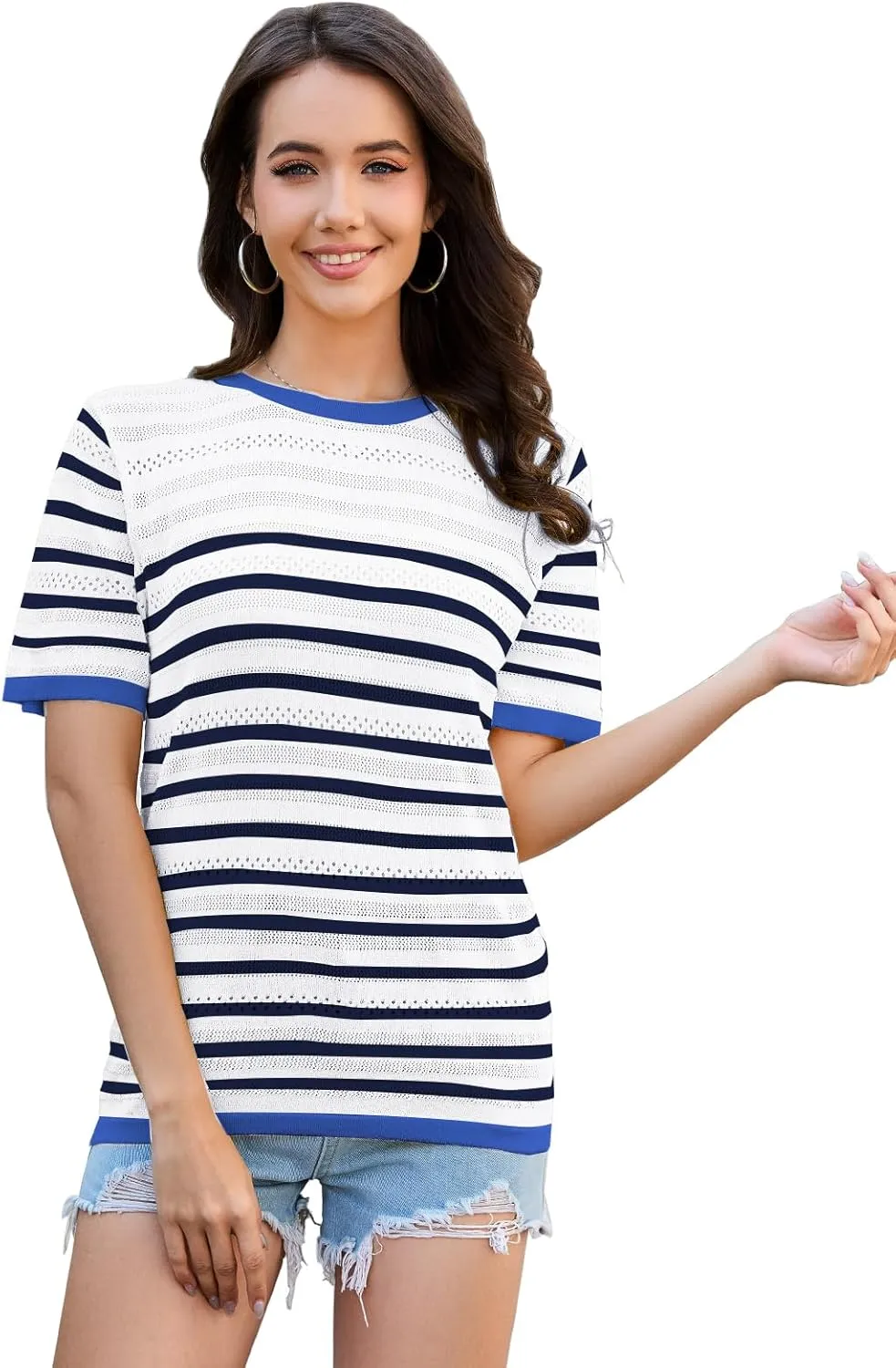 ANCAPELION Women's Short Sleeve Sweater Top Striped Knit Crew Neck Pullover for Summer Trendy Shirts