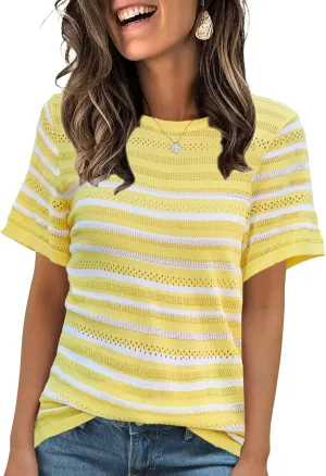 ANCAPELION Women's Short Sleeve Sweater Top Striped Knit Crew Neck Pullover for Summer Trendy Shirts