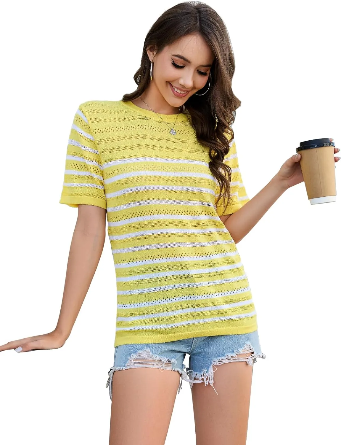 ANCAPELION Women's Short Sleeve Sweater Top Striped Knit Crew Neck Pullover for Summer Trendy Shirts