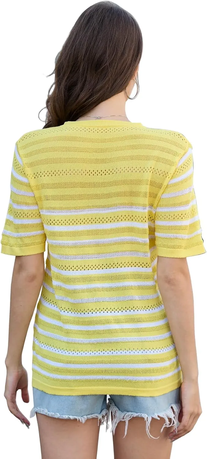 ANCAPELION Women's Short Sleeve Sweater Top Striped Knit Crew Neck Pullover for Summer Trendy Shirts