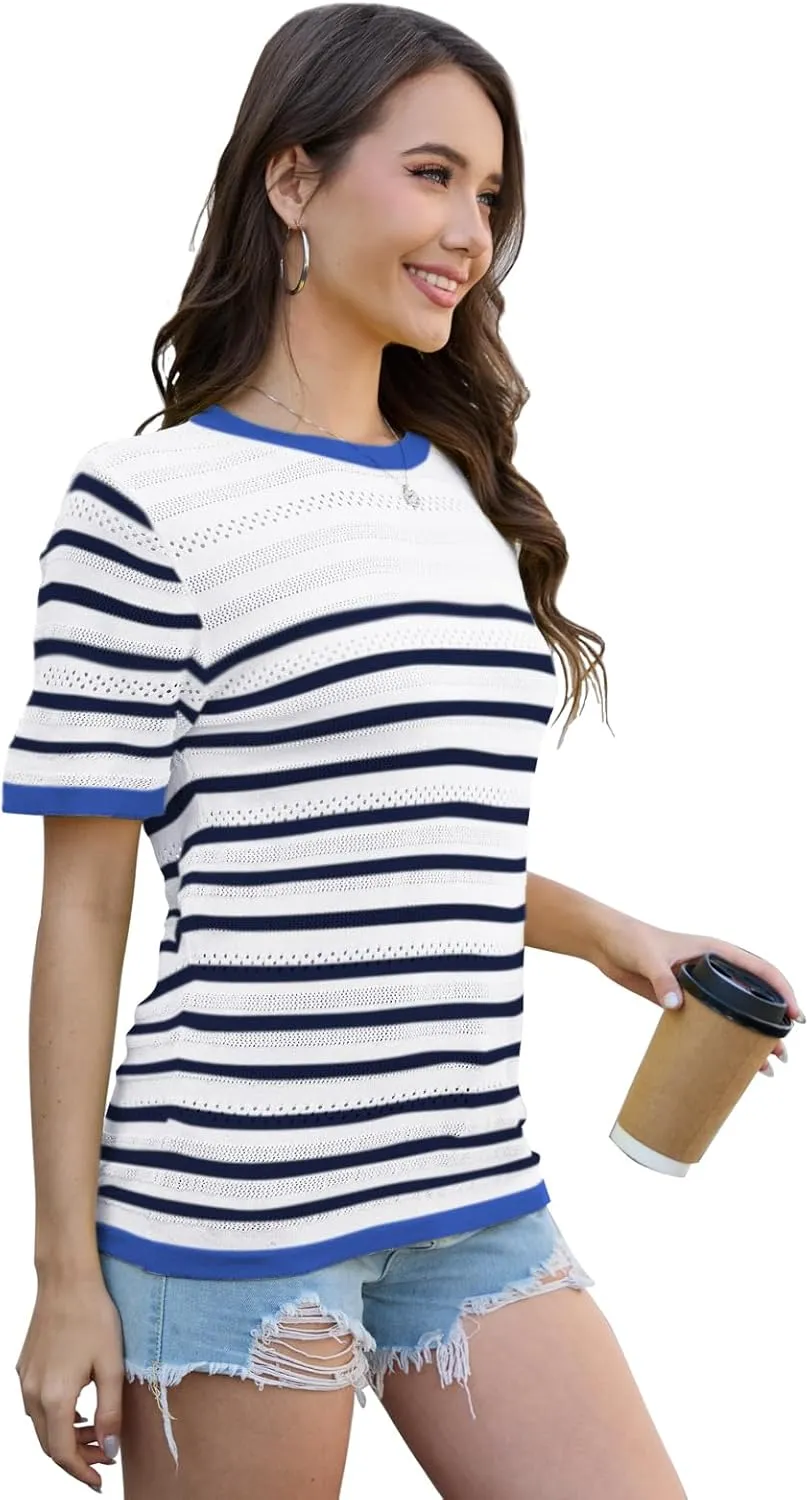 ANCAPELION Women's Short Sleeve Sweater Top Striped Knit Crew Neck Pullover for Summer Trendy Shirts