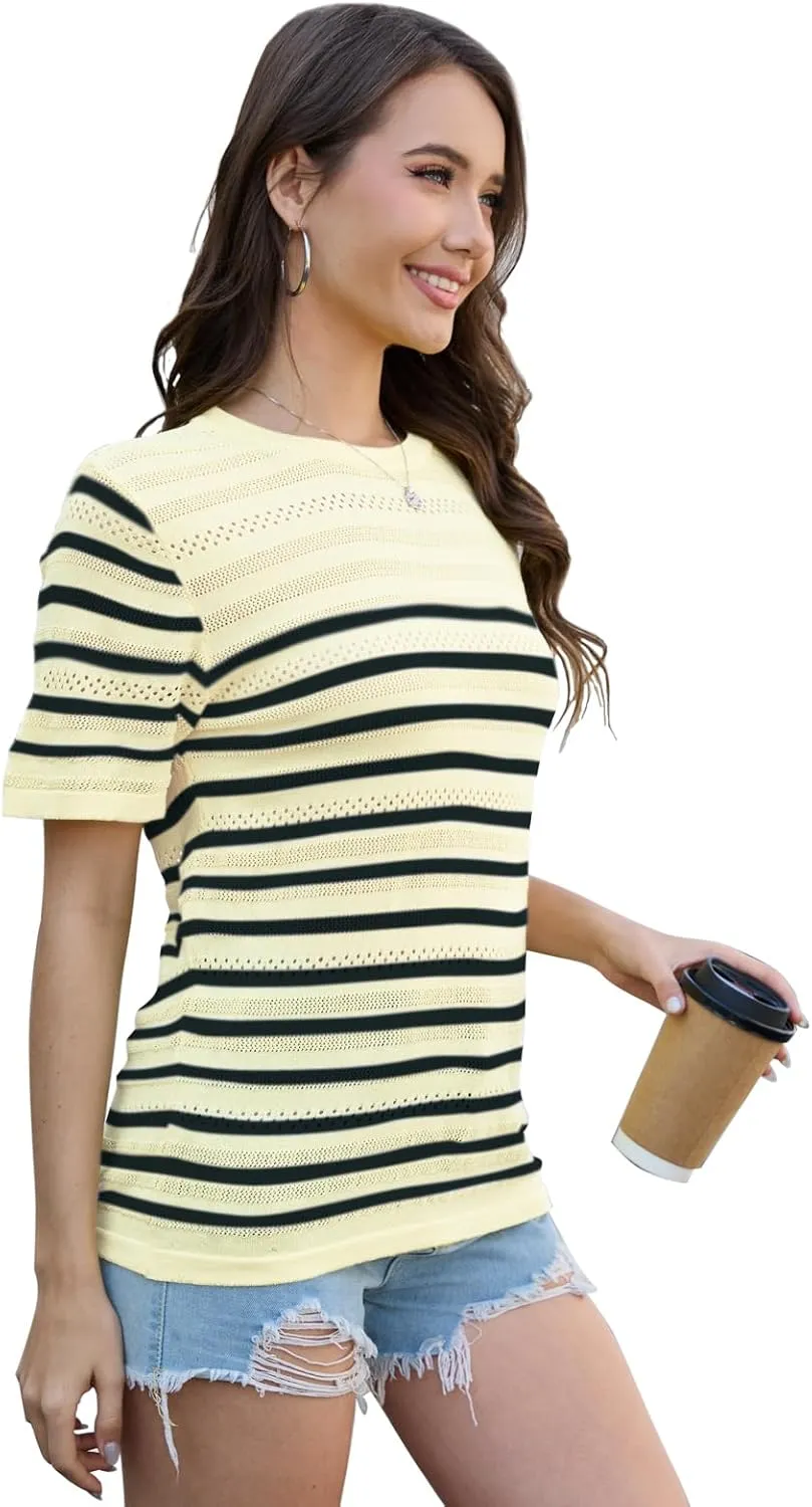ANCAPELION Women's Short Sleeve Sweater Top Striped Knit Crew Neck Pullover for Summer Trendy Shirts