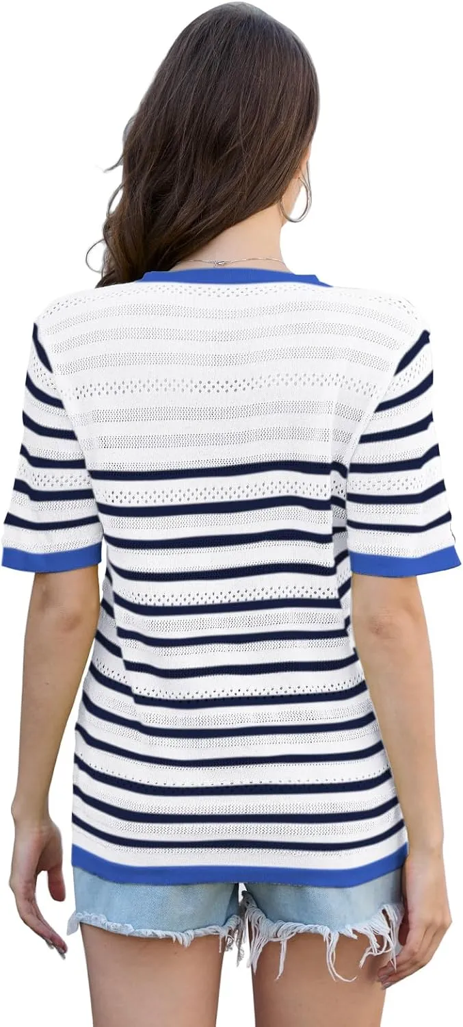 ANCAPELION Women's Short Sleeve Sweater Top Striped Knit Crew Neck Pullover for Summer Trendy Shirts