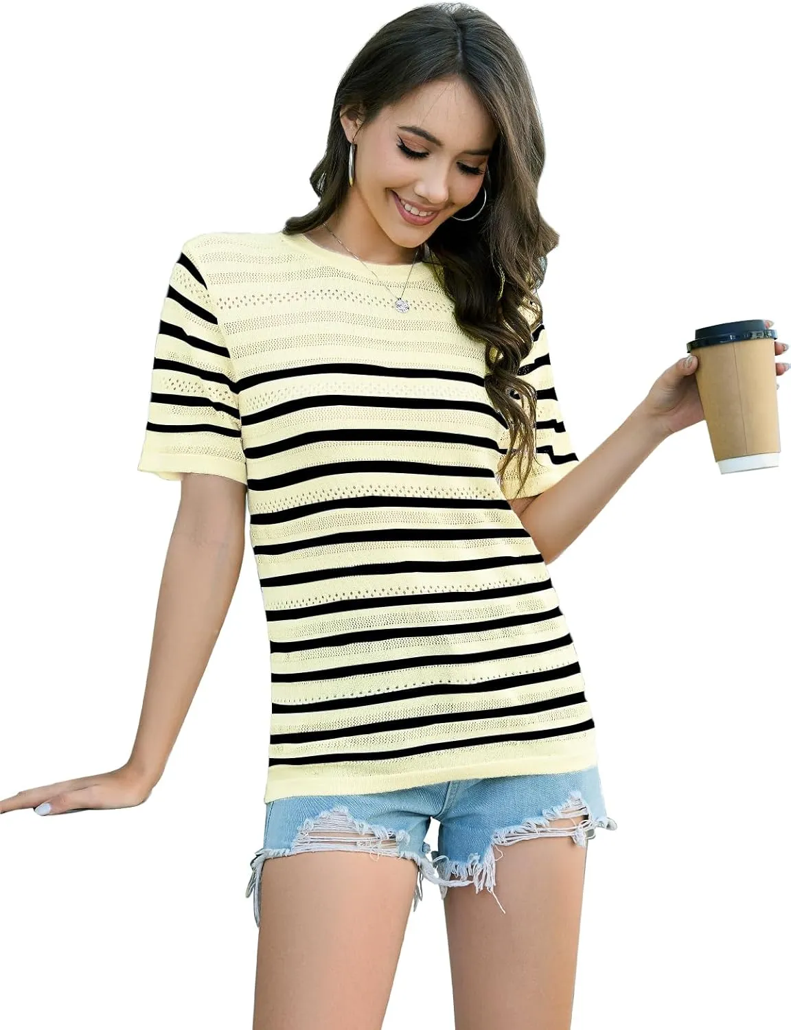ANCAPELION Women's Short Sleeve Sweater Top Striped Knit Crew Neck Pullover for Summer Trendy Shirts
