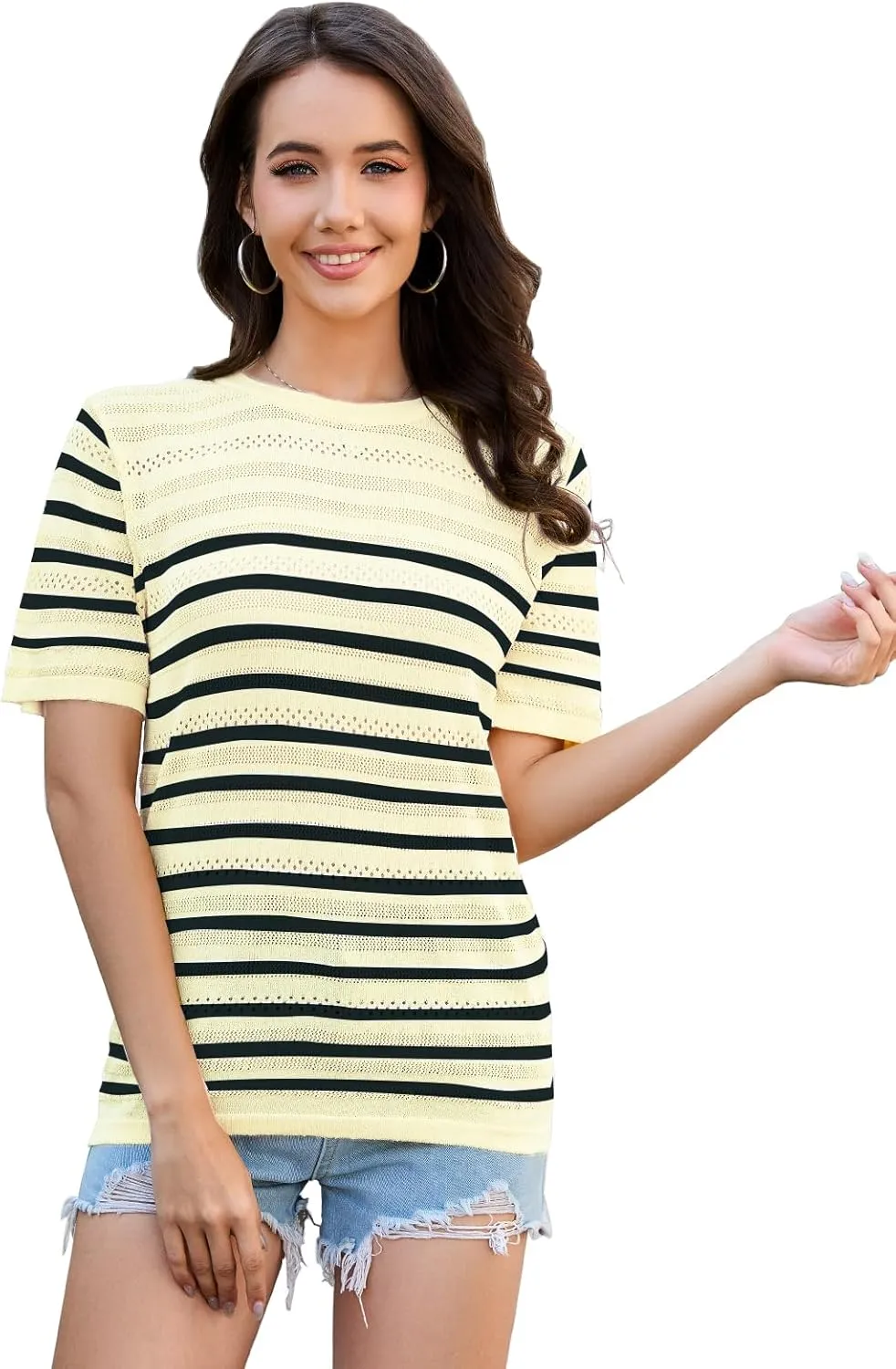 ANCAPELION Women's Short Sleeve Sweater Top Striped Knit Crew Neck Pullover for Summer Trendy Shirts