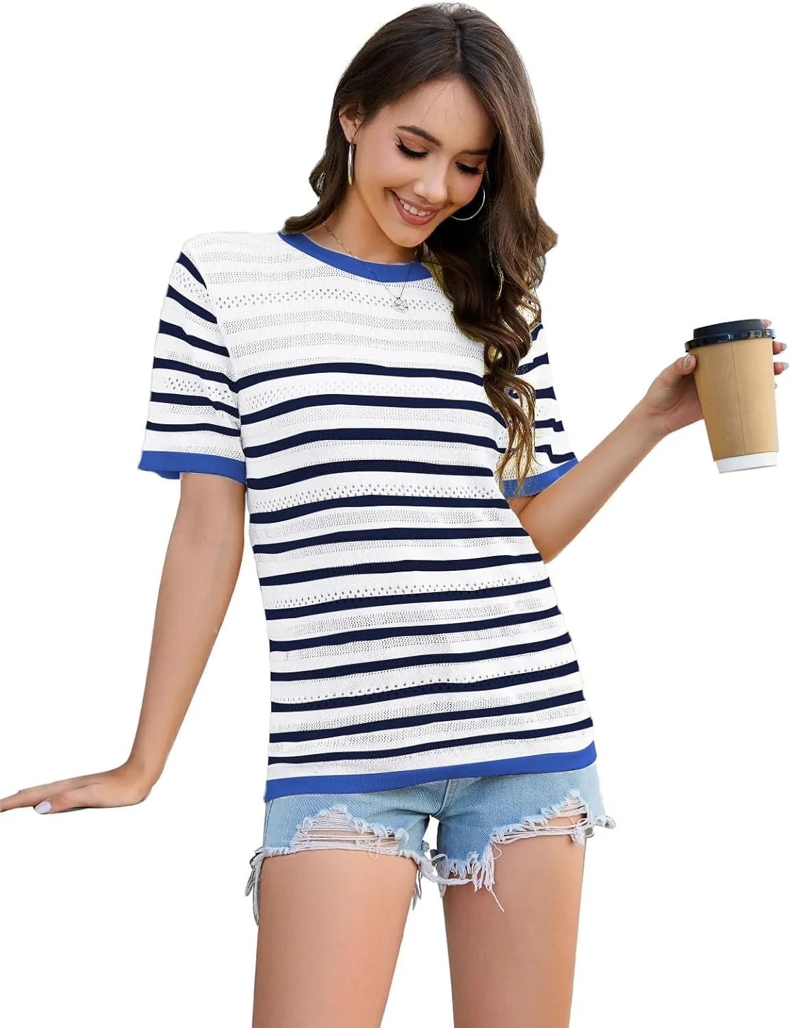 ANCAPELION Women's Short Sleeve Sweater Top Striped Knit Crew Neck Pullover for Summer Trendy Shirts