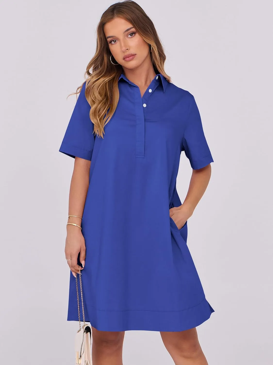 ANRABESS Women Button Down Shirts Dress Summer Casual Oversized Short Sleeve Mini Dresses with Pockets 2025 Trendy