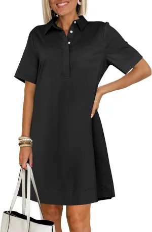 ANRABESS Women Button Down Shirts Dress Summer Casual Oversized Short Sleeve Mini Dresses with Pockets 2025 Trendy