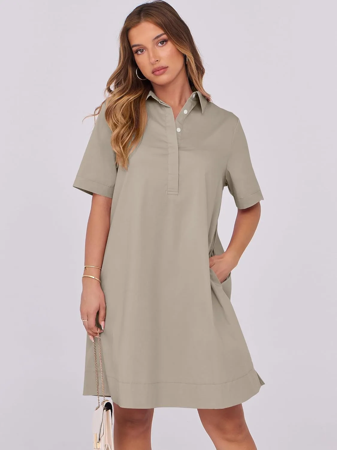 ANRABESS Women Button Down Shirts Dress Summer Casual Oversized Short Sleeve Mini Dresses with Pockets 2025 Trendy