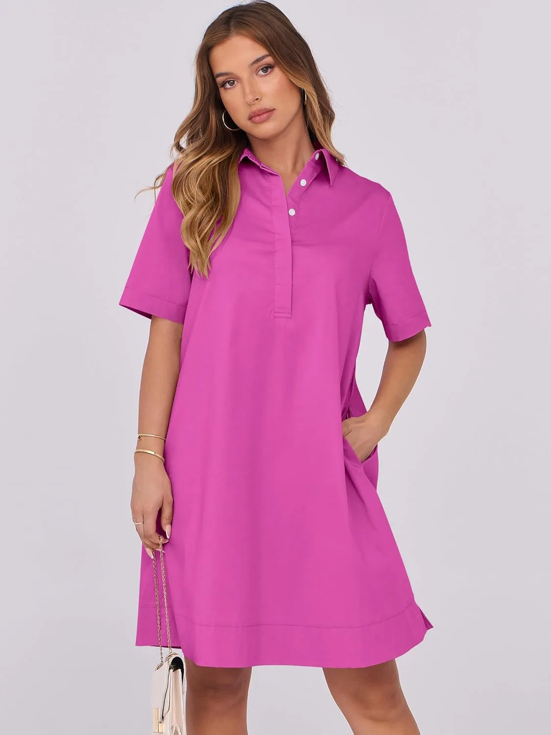 ANRABESS Women Button Down Shirts Dress Summer Casual Oversized Short Sleeve Mini Dresses with Pockets 2025 Trendy