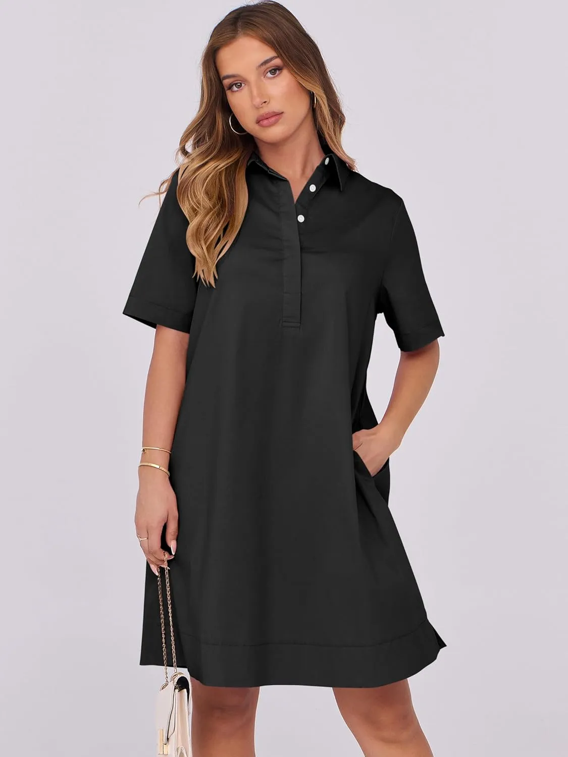 ANRABESS Women Button Down Shirts Dress Summer Casual Oversized Short Sleeve Mini Dresses with Pockets 2025 Trendy