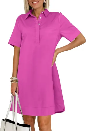 ANRABESS Women Button Down Shirts Dress Summer Casual Oversized Short Sleeve Mini Dresses with Pockets 2025 Trendy