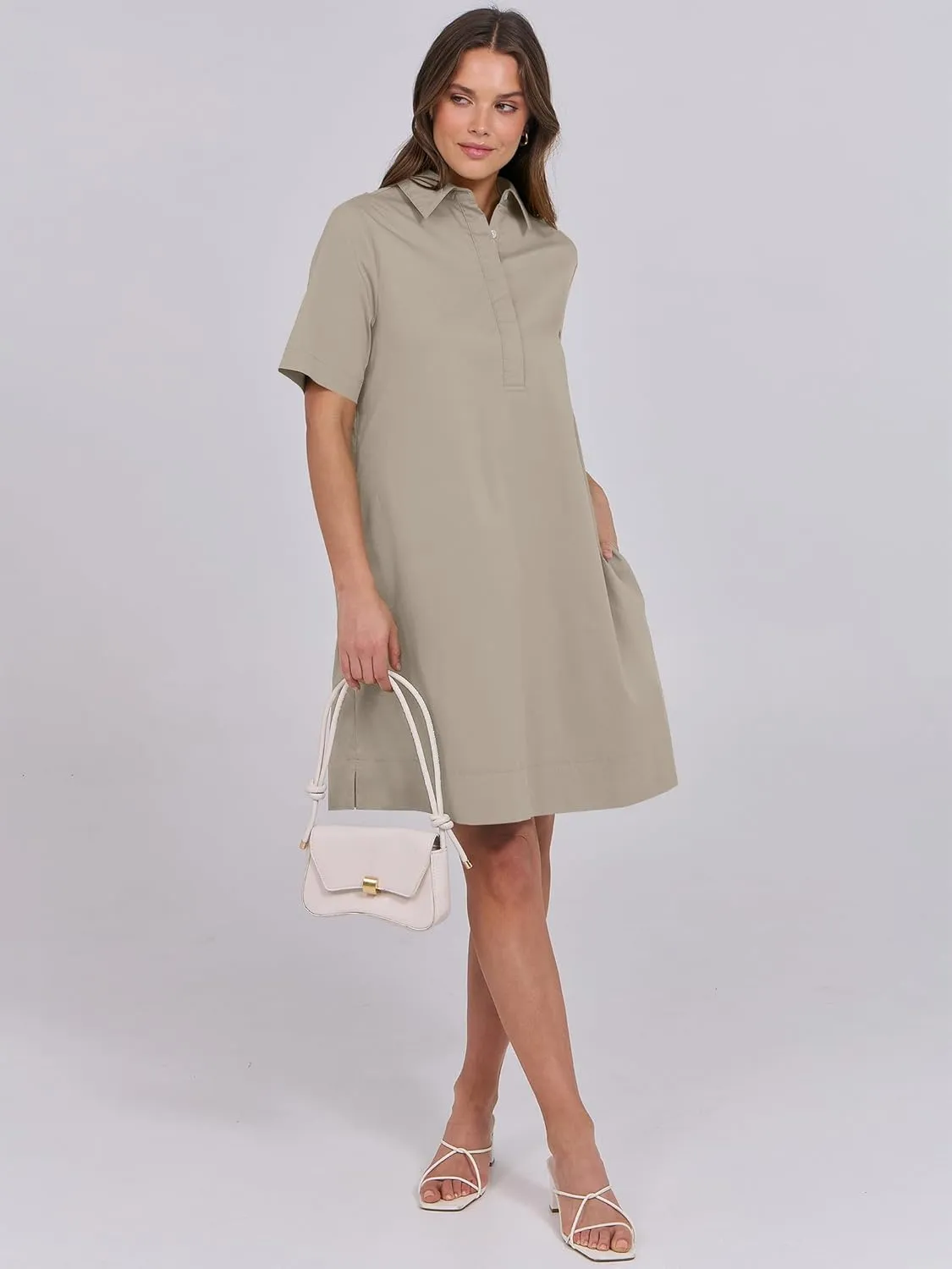 ANRABESS Women Button Down Shirts Dress Summer Casual Oversized Short Sleeve Mini Dresses with Pockets 2025 Trendy