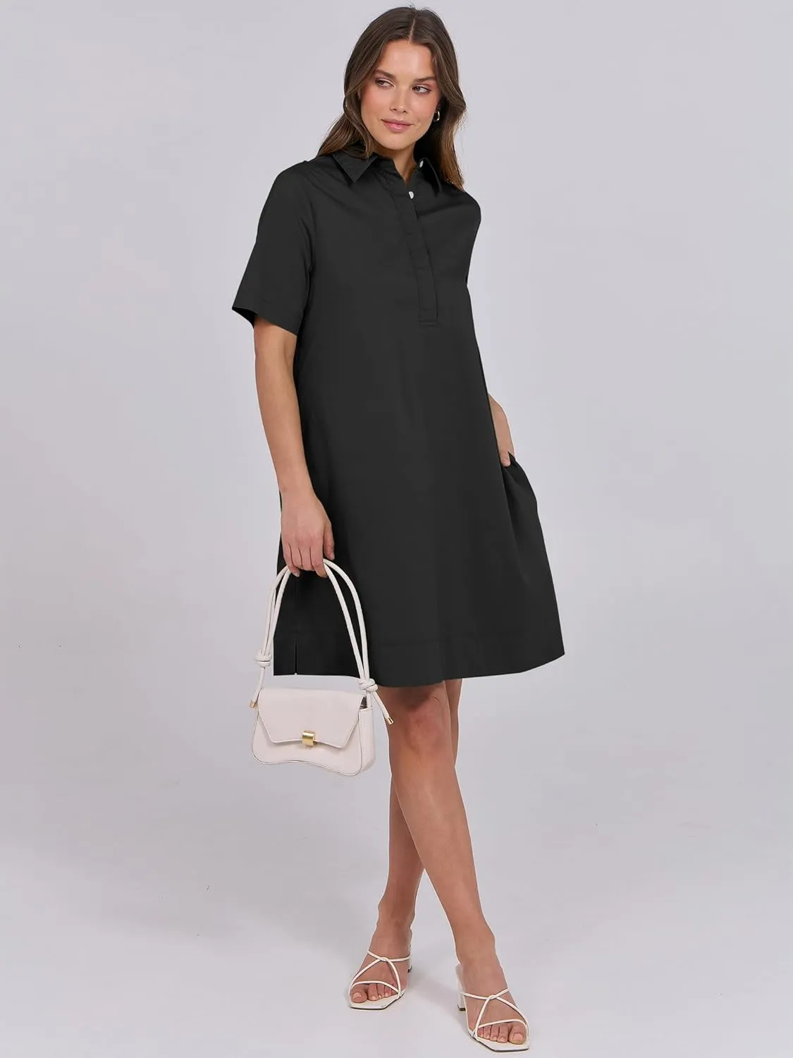 ANRABESS Women Button Down Shirts Dress Summer Casual Oversized Short Sleeve Mini Dresses with Pockets 2025 Trendy