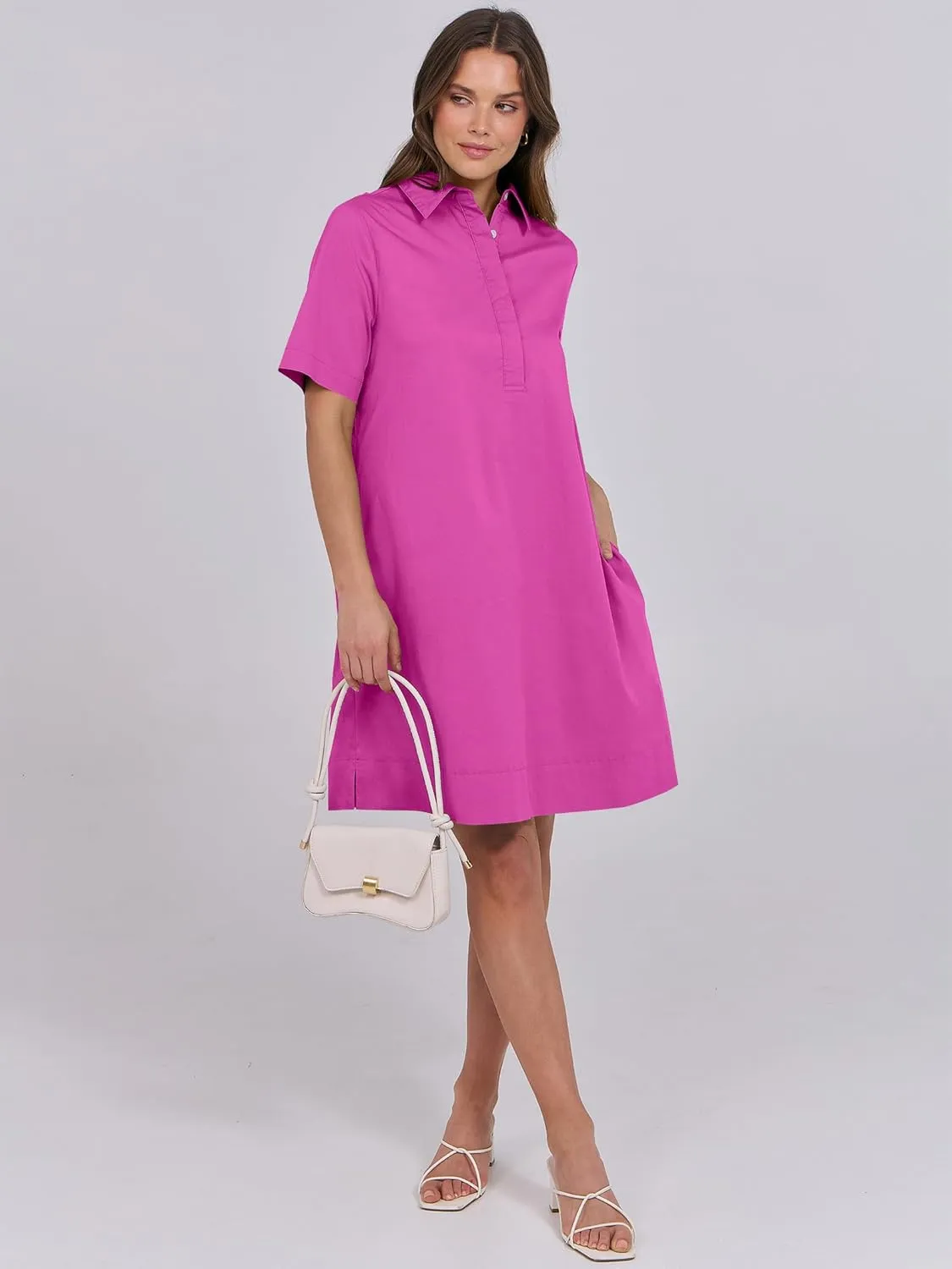 ANRABESS Women Button Down Shirts Dress Summer Casual Oversized Short Sleeve Mini Dresses with Pockets 2025 Trendy