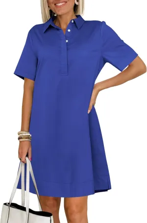 ANRABESS Women Button Down Shirts Dress Summer Casual Oversized Short Sleeve Mini Dresses with Pockets 2025 Trendy