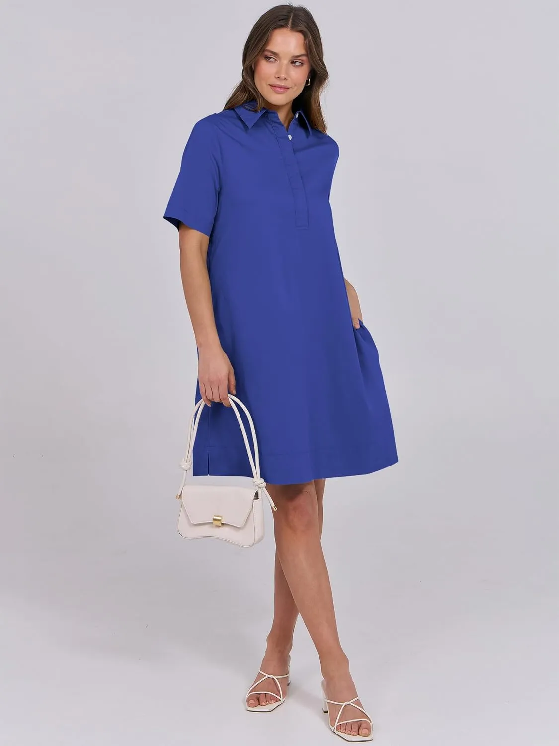 ANRABESS Women Button Down Shirts Dress Summer Casual Oversized Short Sleeve Mini Dresses with Pockets 2025 Trendy