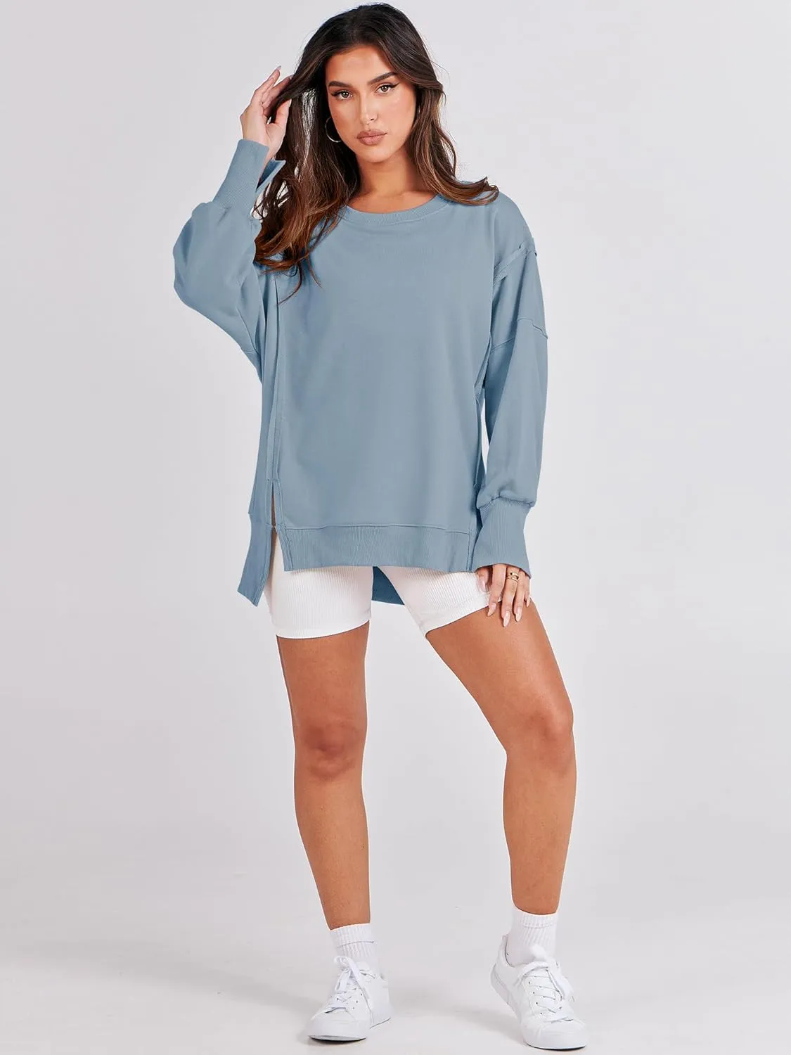 ANRABESS Women's Oversized Sweatshirts Crew Neck Long Sleeve Shirts Casual Loose Slit 2025 Fall Clothes