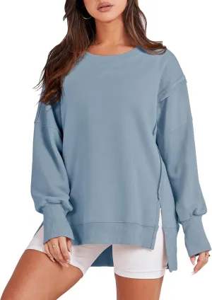 ANRABESS Women's Oversized Sweatshirts Crew Neck Long Sleeve Shirts Casual Loose Slit 2025 Fall Clothes