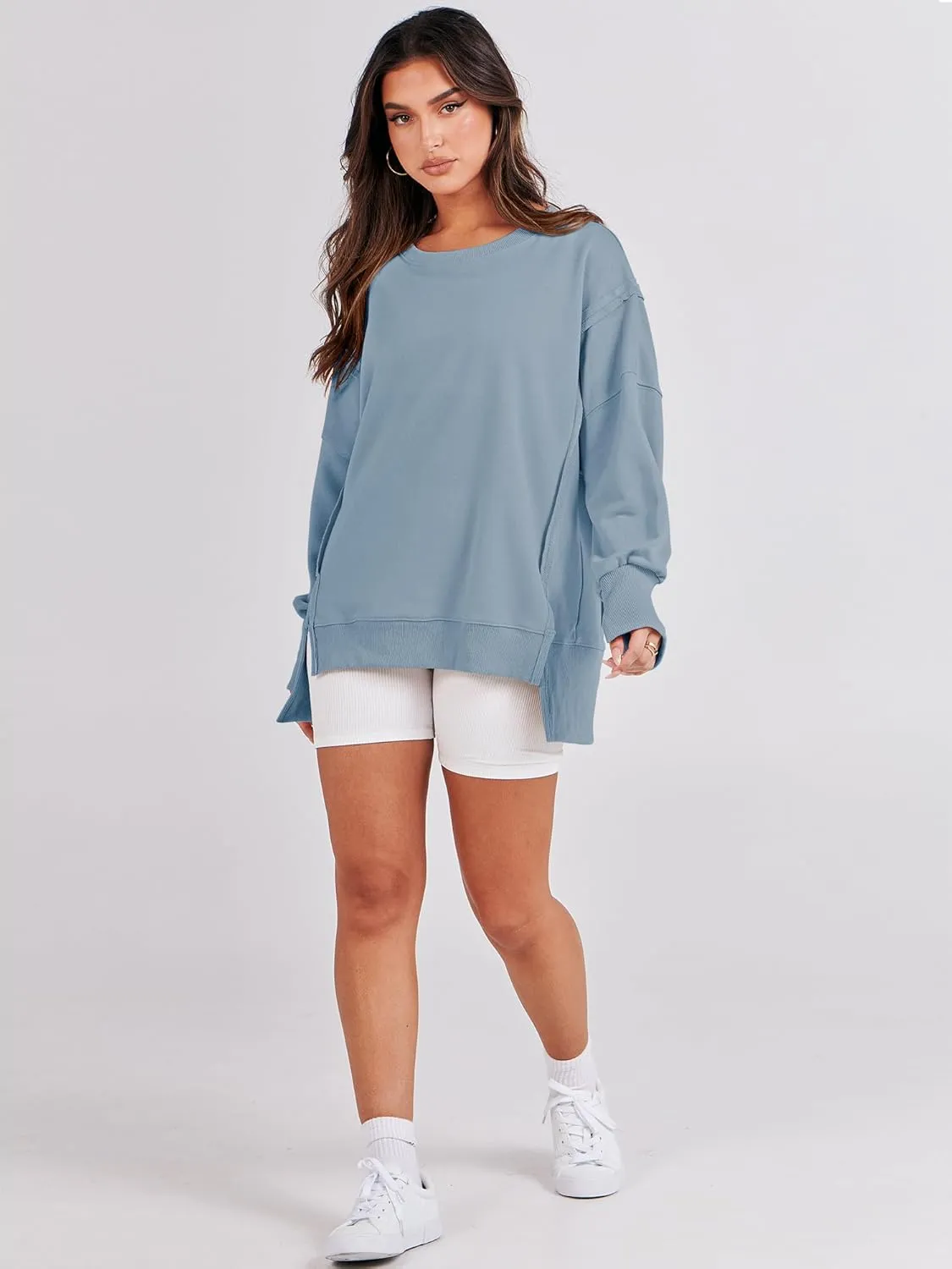 ANRABESS Women's Oversized Sweatshirts Crew Neck Long Sleeve Shirts Casual Loose Slit 2025 Fall Clothes