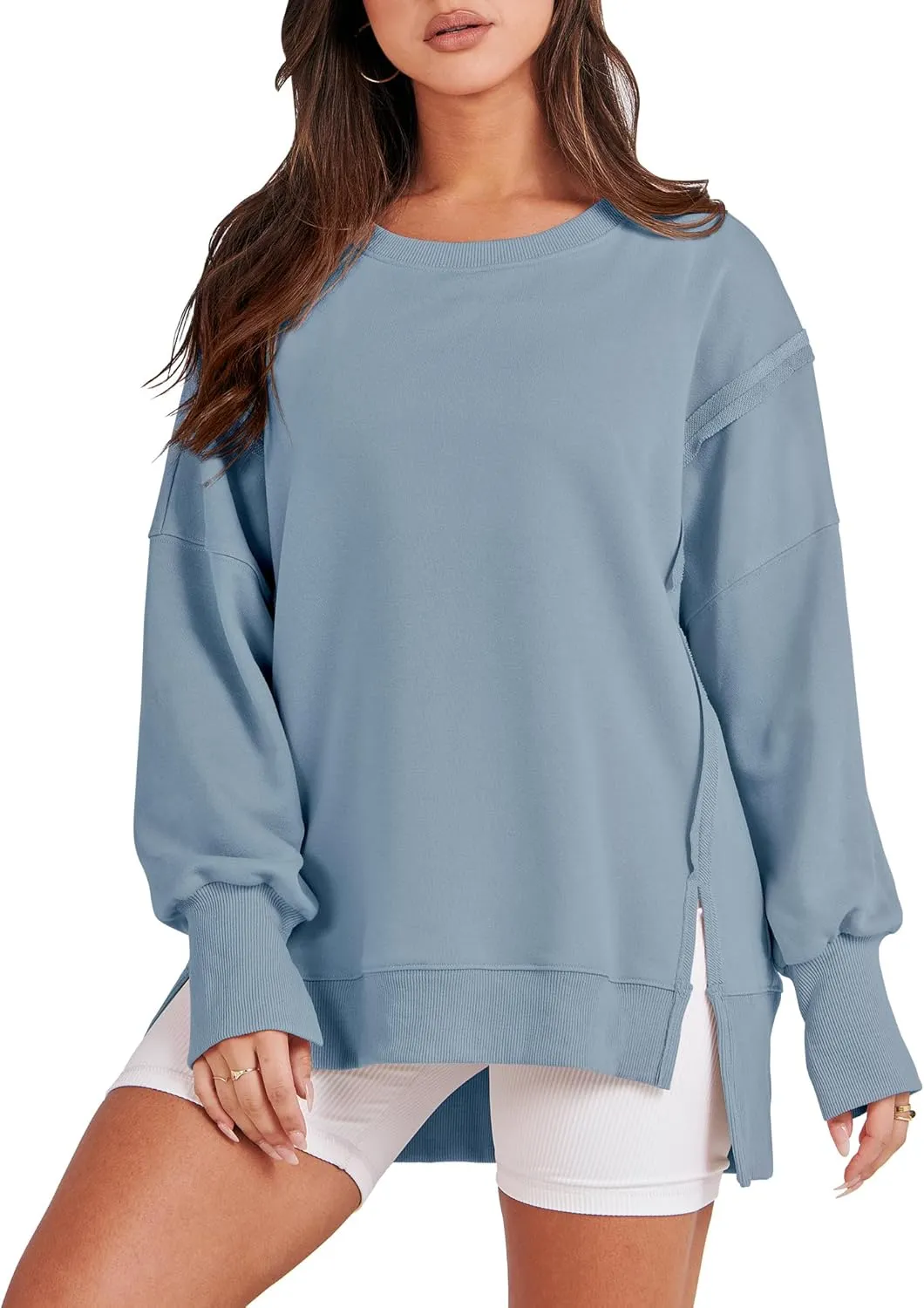 ANRABESS Women's Oversized Sweatshirts Crew Neck Long Sleeve Shirts Casual Loose Slit 2025 Fall Clothes