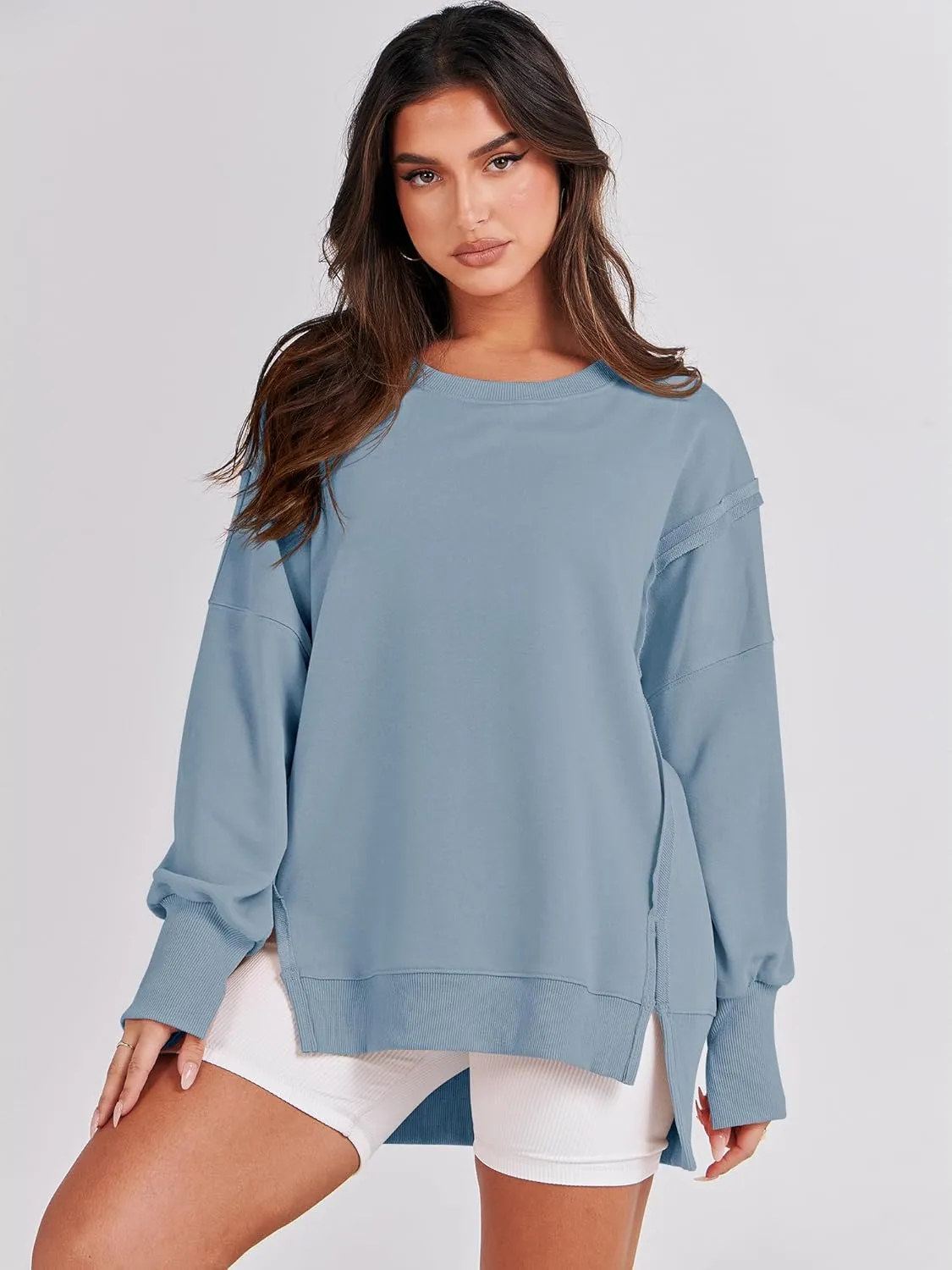 ANRABESS Women's Oversized Sweatshirts Crew Neck Long Sleeve Shirts Casual Loose Slit 2025 Fall Clothes