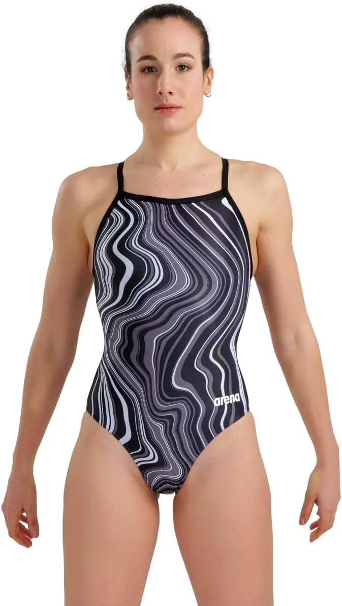 ARENA Women's Performance Marbled Sports Swimsuit Light Drop Back Bathing Suit