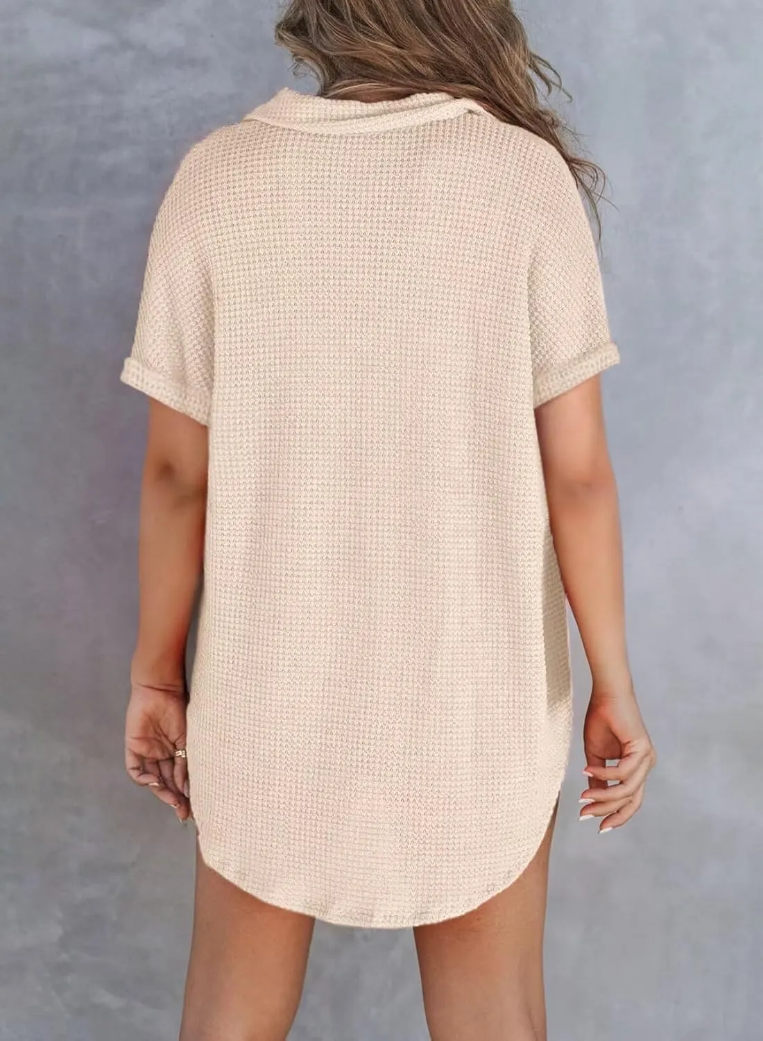 Astylish Women Waffle Knit Tops Henley Shirts Short Sleeve V Neck Solid Color Casual Tunic