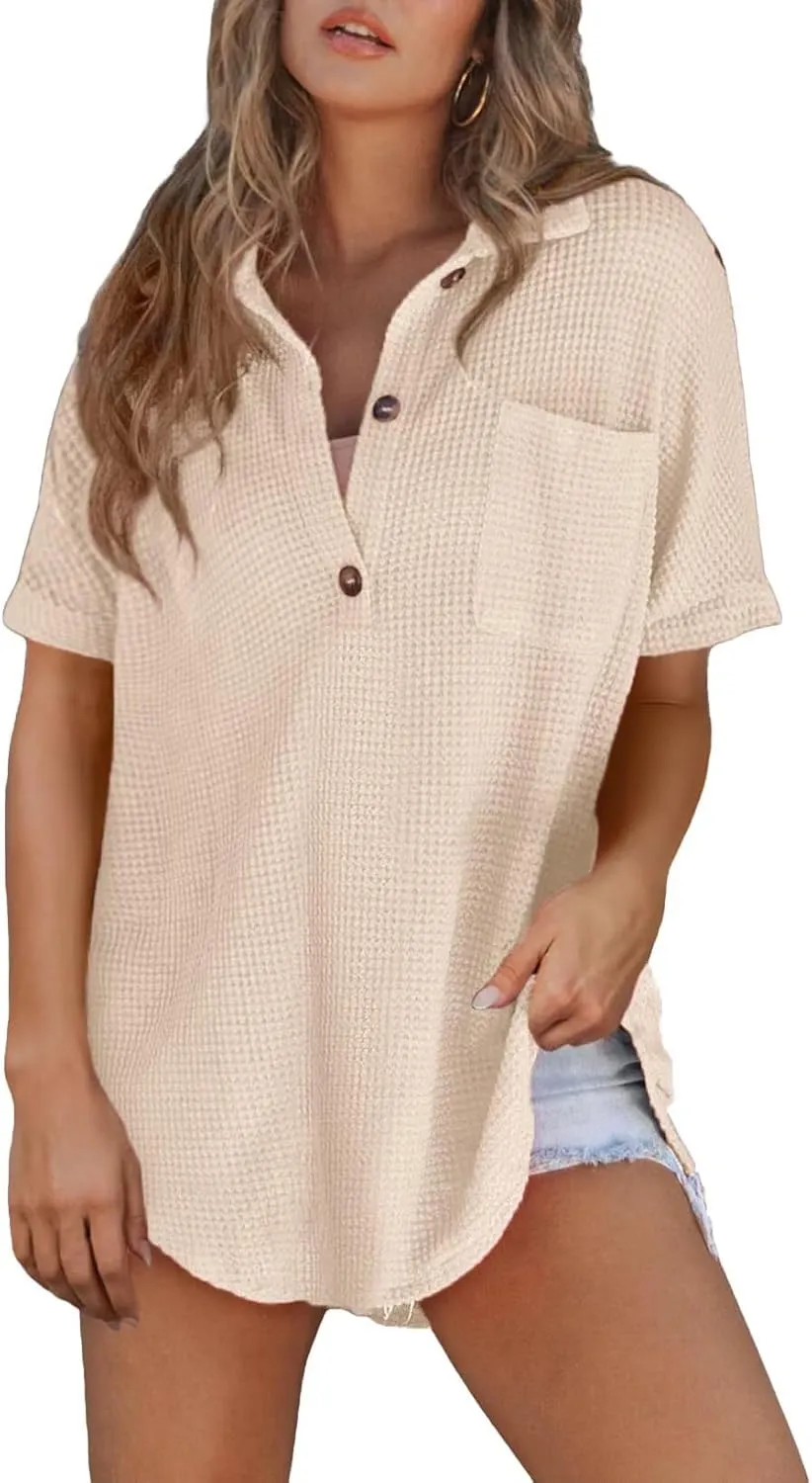 Astylish Women Waffle Knit Tops Henley Shirts Short Sleeve V Neck Solid Color Casual Tunic