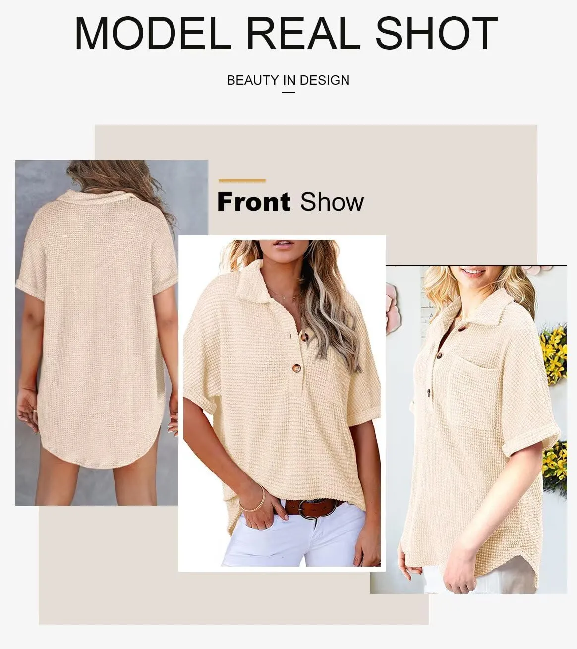 Astylish Women Waffle Knit Tops Henley Shirts Short Sleeve V Neck Solid Color Casual Tunic
