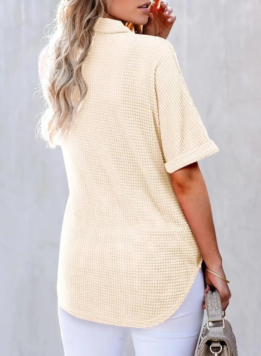 Astylish Women Waffle Knit Tops Henley Shirts Short Sleeve V Neck Solid Color Casual Tunic