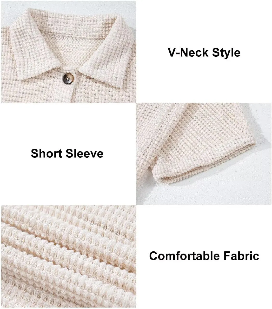 Astylish Women Waffle Knit Tops Henley Shirts Short Sleeve V Neck Solid Color Casual Tunic