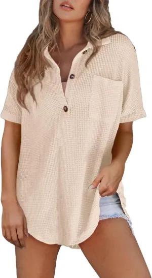 Astylish Women Waffle Knit Tops Henley Shirts Short Sleeve V Neck Solid Color Casual Tunic