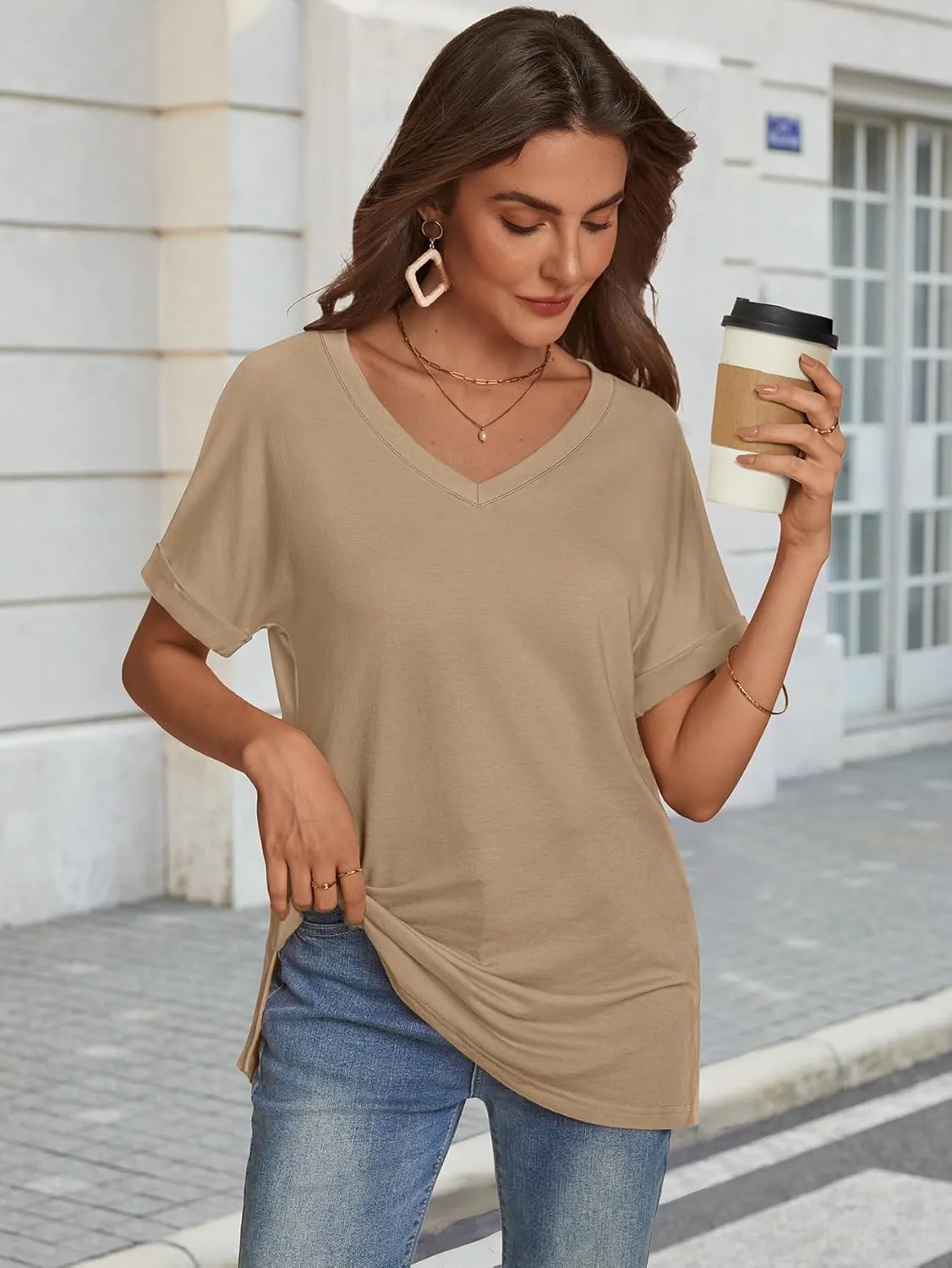 ATHMILE Womens Summer 2025 V Neck Casual Tunic Tops Spring Fashion Basic Trendy Outfits