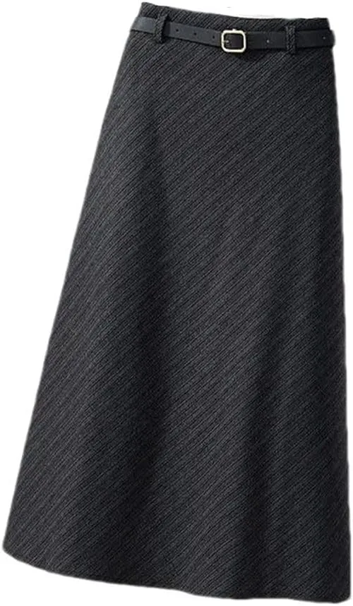 Autumn Winter Thickening Wool Belt Midi Skirts Vintage Zipper High Waist A -Line Pleated Elegant Skirts