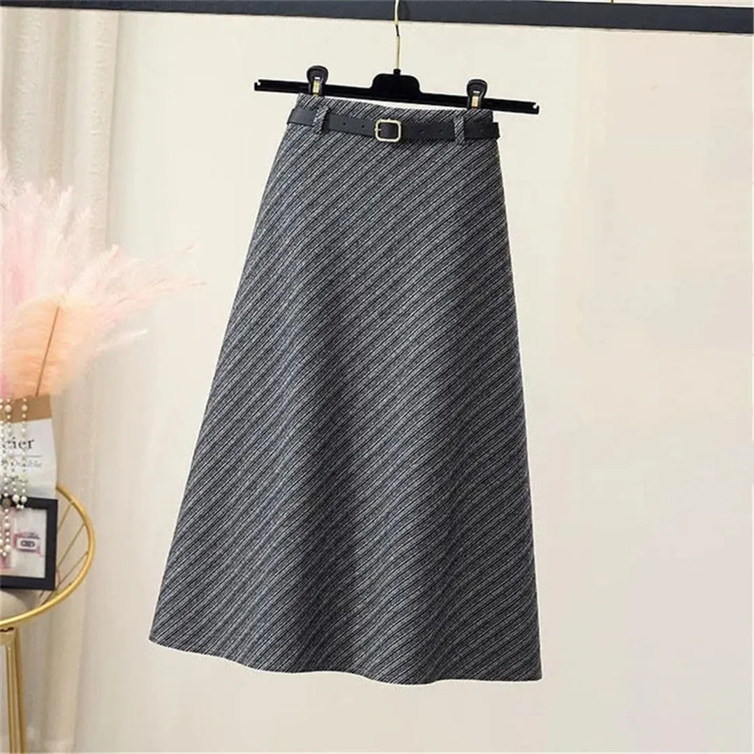 Autumn Winter Thickening Wool Belt Midi Skirts Vintage Zipper High Waist A -Line Pleated Elegant Skirts