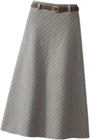 Autumn Winter Thickening Wool Belt Midi Skirts Vintage Zipper High Waist A -Line Pleated Elegant Skirts