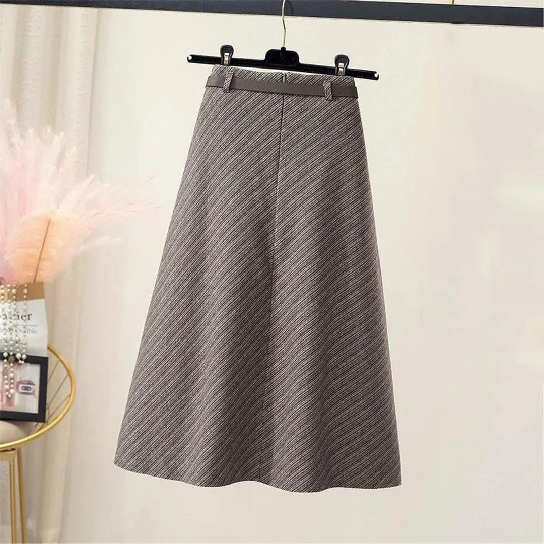Autumn Winter Thickening Wool Belt Midi Skirts Vintage Zipper High Waist A -Line Pleated Elegant Skirts