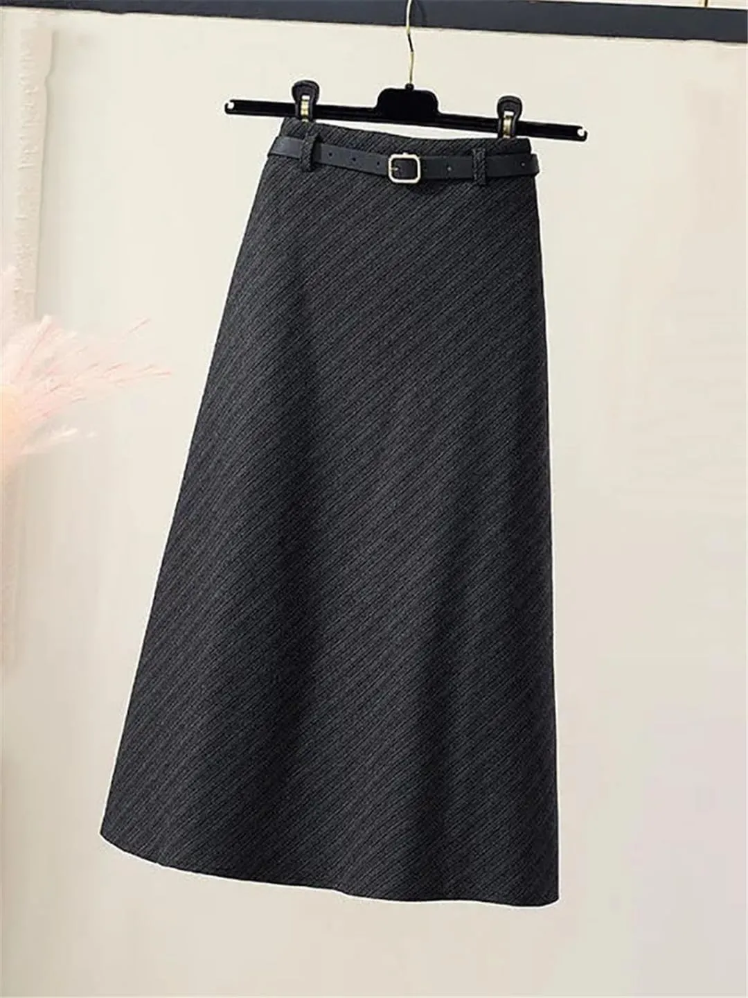 Autumn Winter Thickening Wool Belt Midi Skirts Vintage Zipper High Waist A -Line Pleated Elegant Skirts