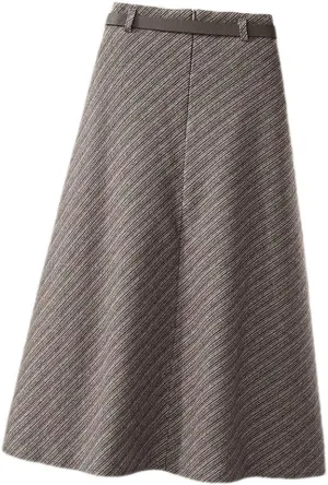 Autumn Winter Thickening Wool Belt Midi Skirts Vintage Zipper High Waist A -Line Pleated Elegant Skirts